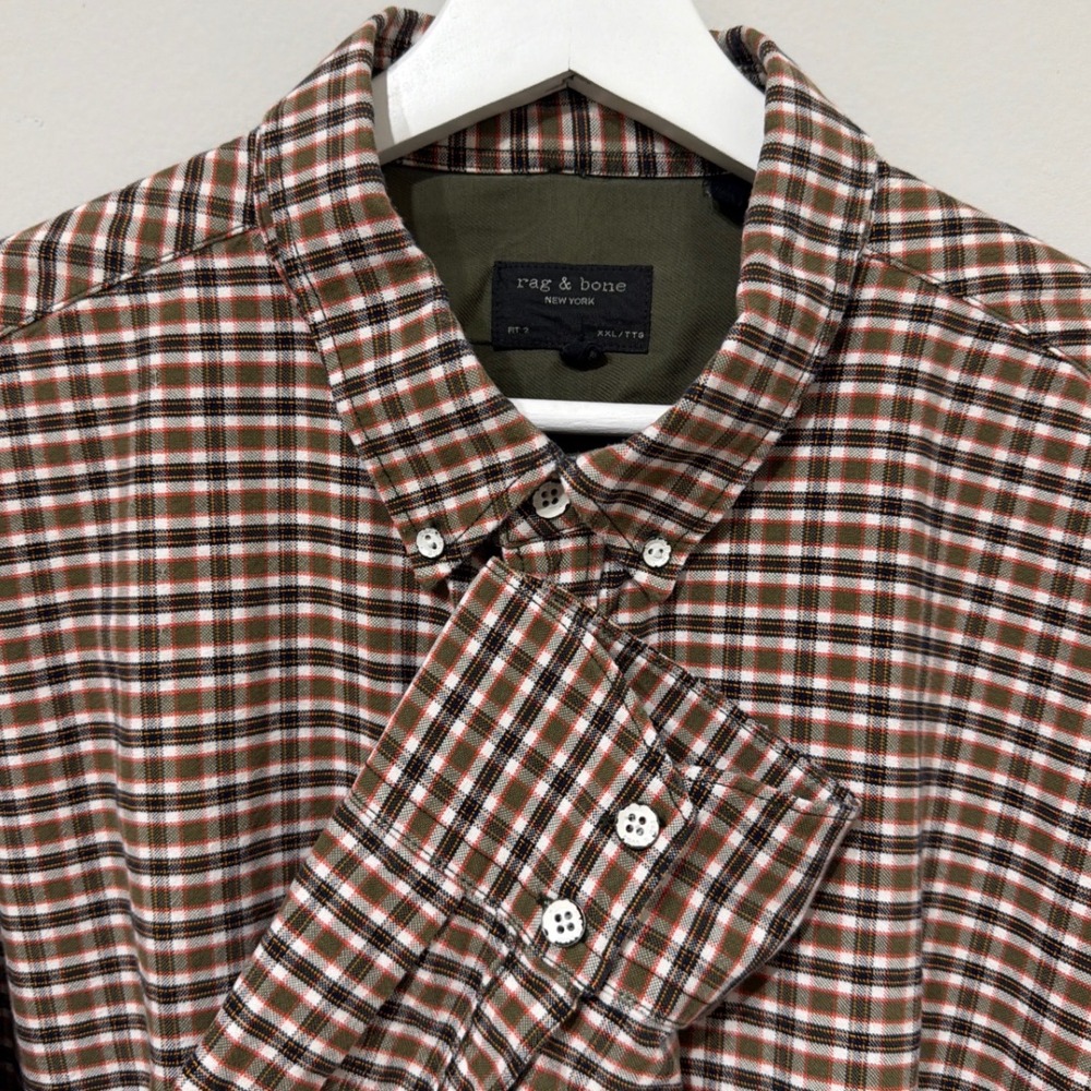 Rag & Bone Fit 2 Mens XXL Brown Olive Green Plaid Cotton Button Down Shirt